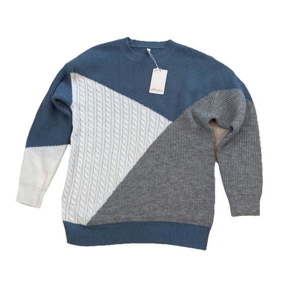 NWT  EPretty Sweater Pullover Women S Blue Gray White Colorblock Knit Career - Picture 1 of 7